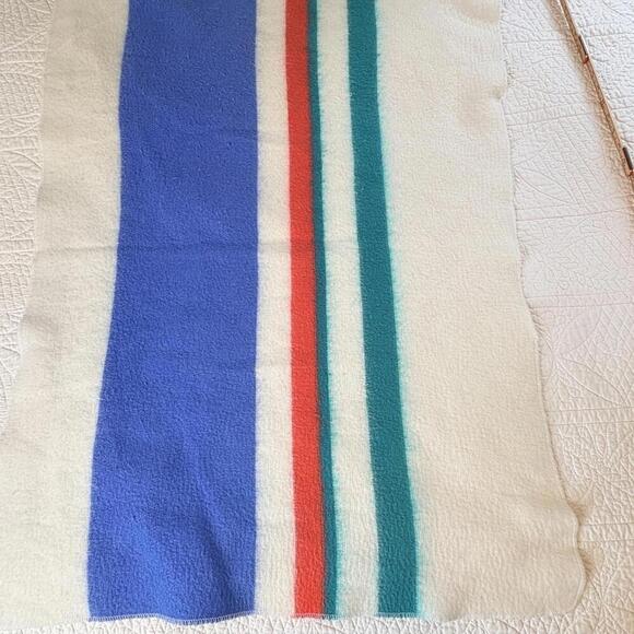 Baby Blanket Feel Striped Blue Aqua Red Vintage Camping Blanket Style But SOFT - Picture 2 of 15
